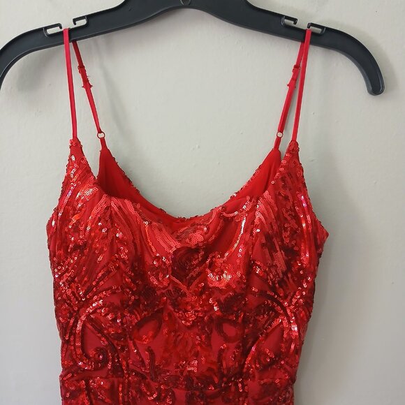 B.Darlin Junior's Sz XS Strappy Square-Neck Bodycon Dress Red Sequins Mini Lined - Picture 14 of 16